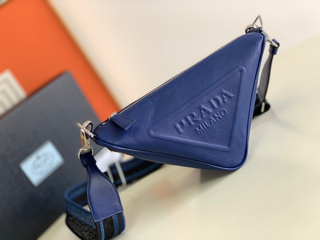 Prada Triangle Shoulder Bag In Blue Saffiano Leather