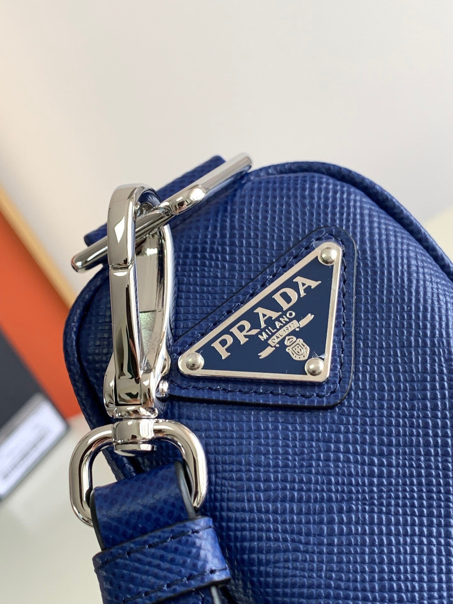 Prada Triangle Shoulder Bag In Blue Saffiano Leather