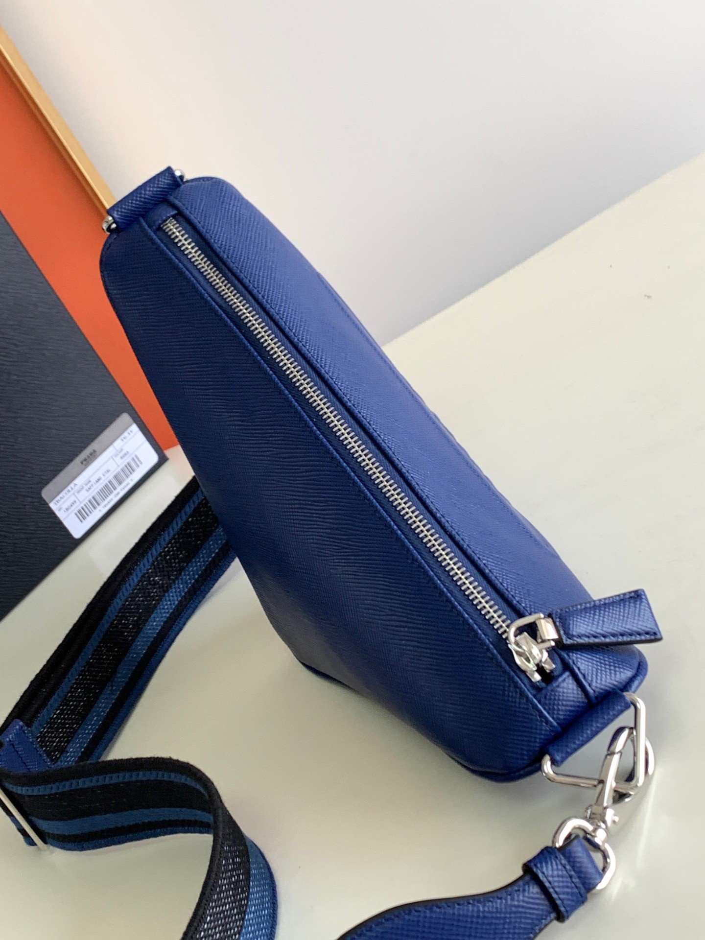 Prada Triangle Shoulder Bag In Blue Saffiano Leather