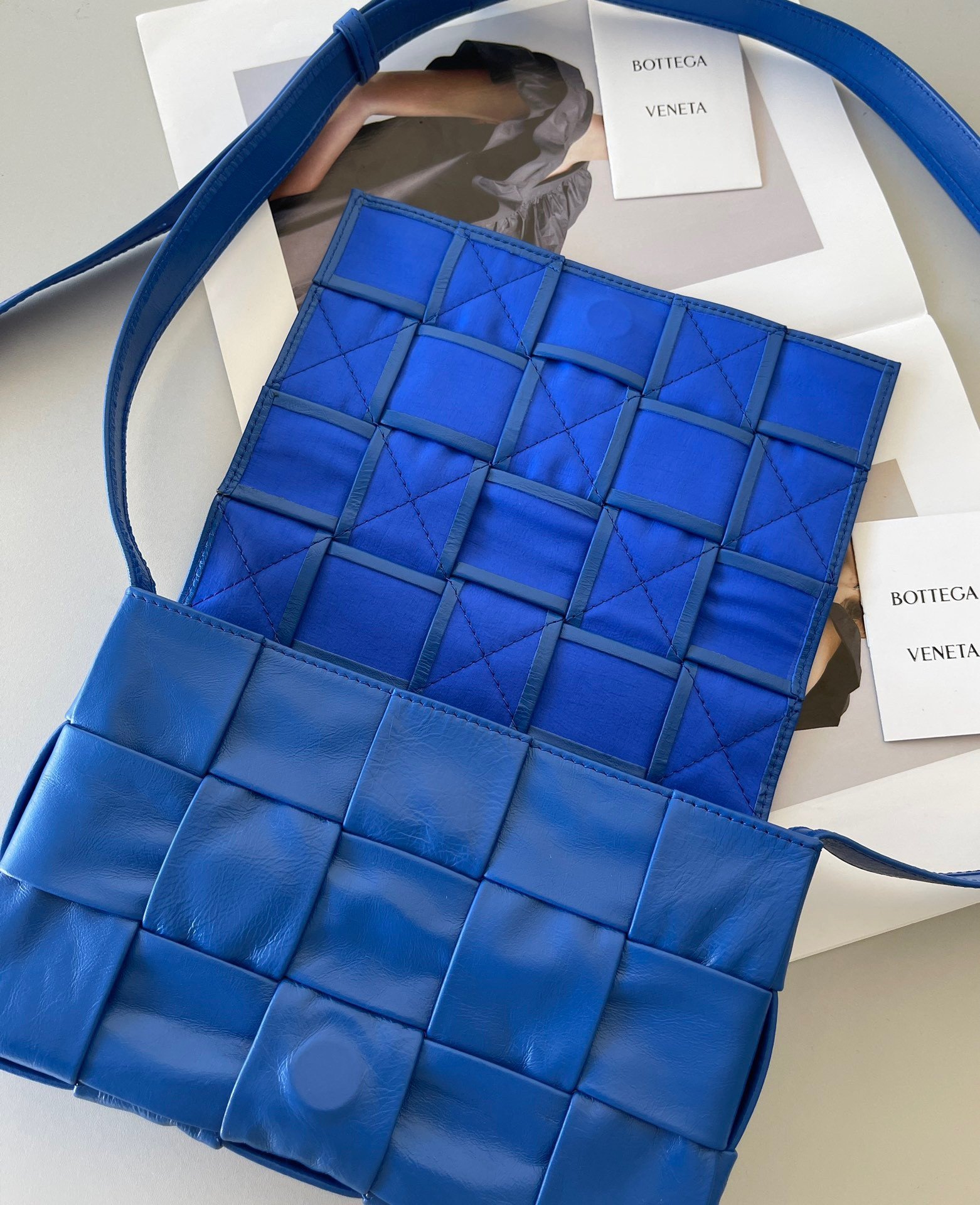 Bottega Veneta Cassette Bag In Cobalt Wrinkled Intreccio Calfskin