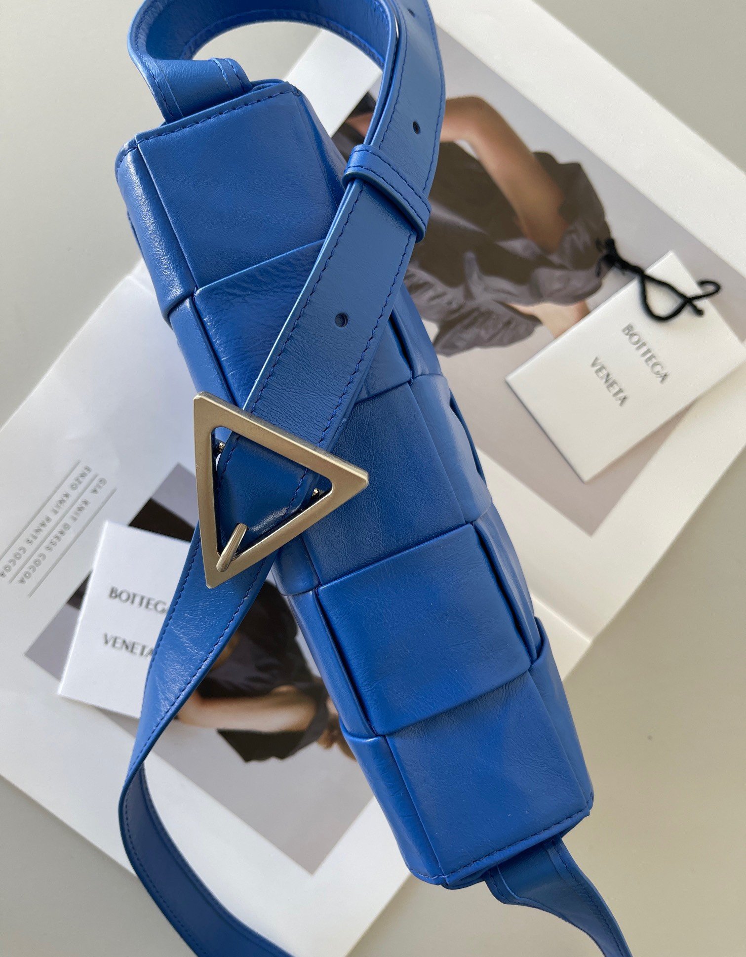 Bottega Veneta Cassette Bag In Cobalt Wrinkled Intreccio Calfskin