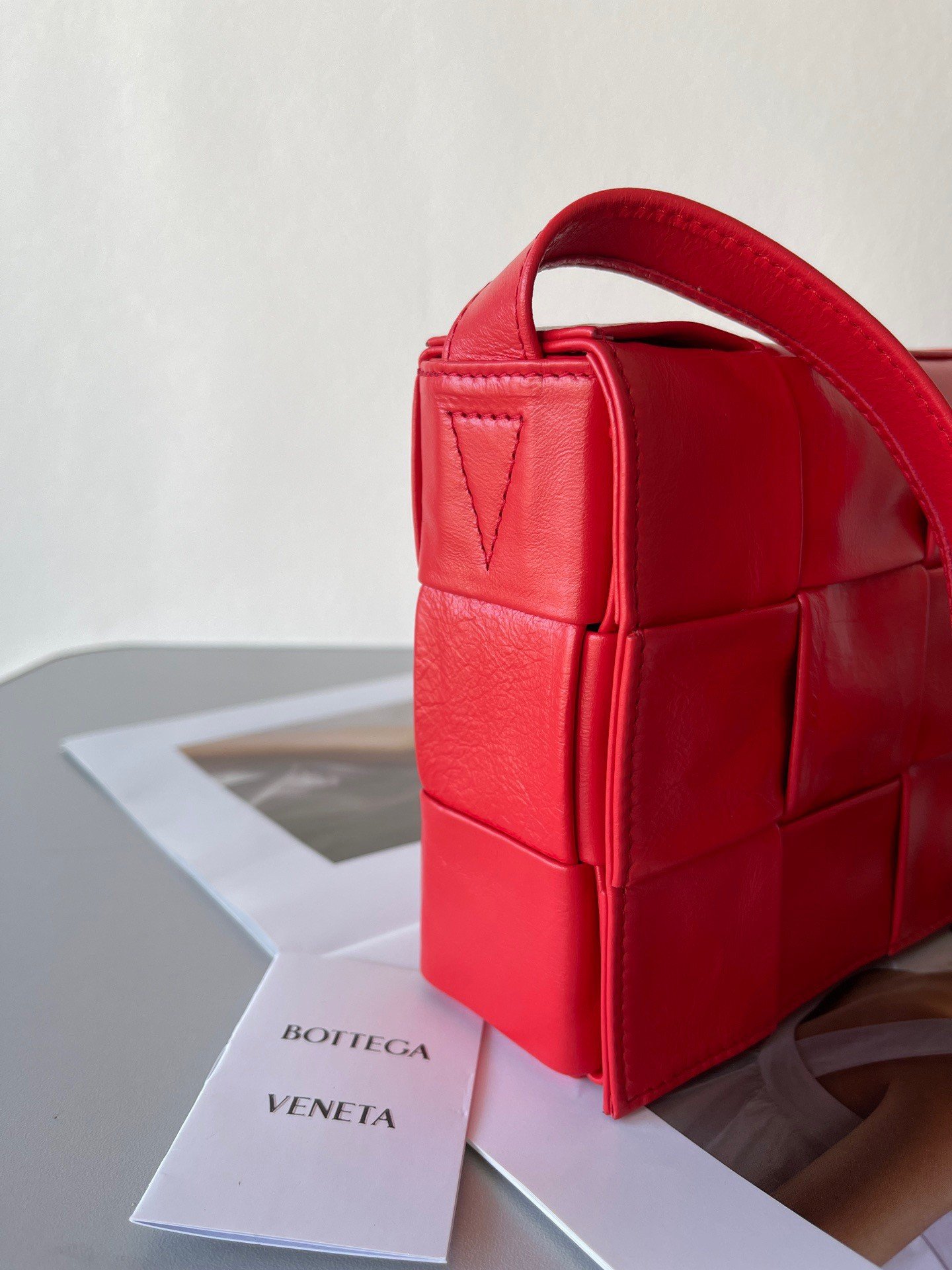 Bottega Veneta Cassette Bag In Red Wrinkled Intreccio Calfskin