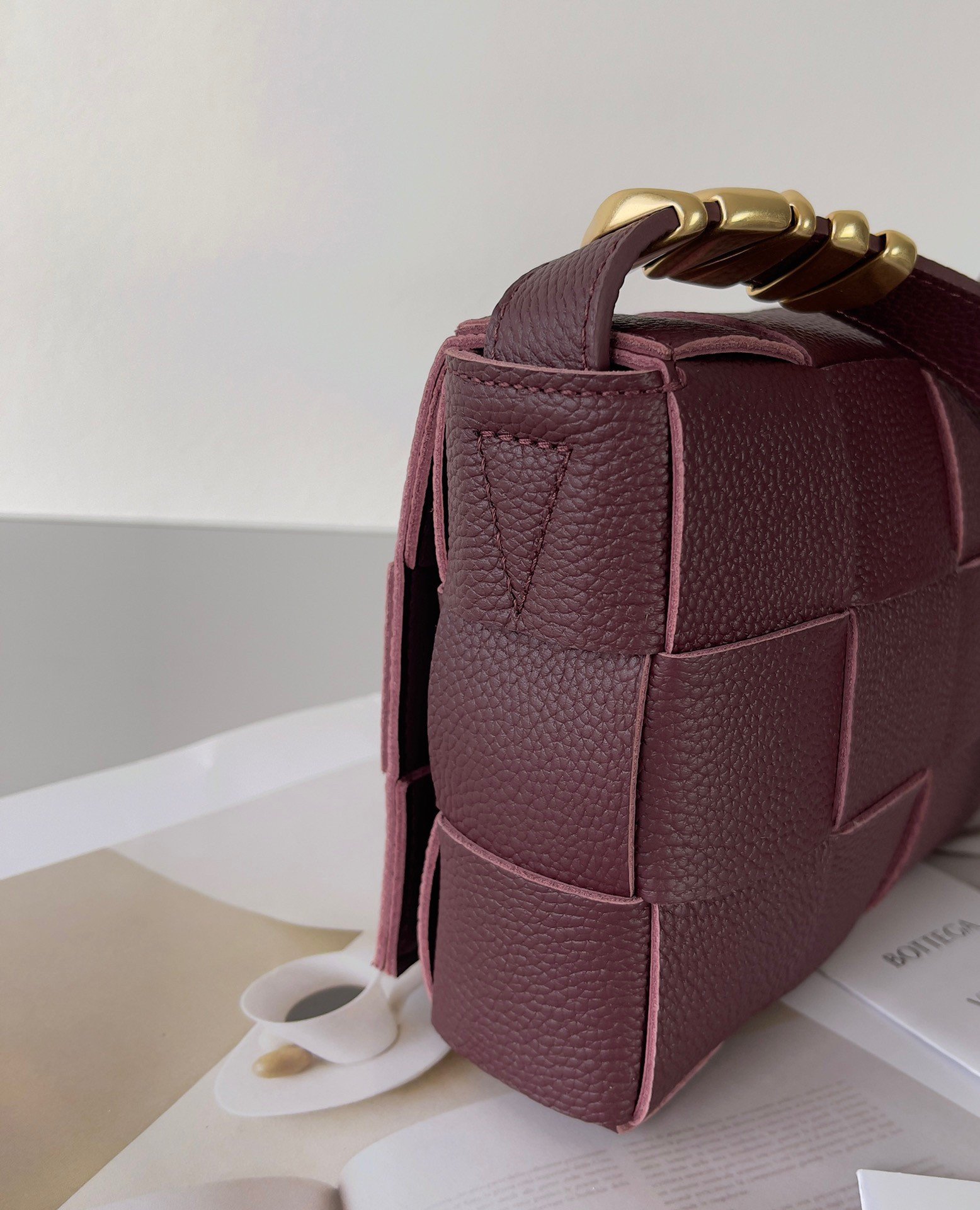 Bottega Veneta Cassette Bag In Burgundy Grained Intreccio Calfskin