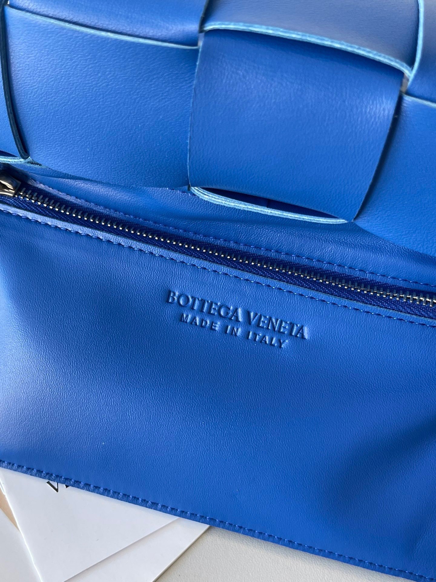 Bottega Veneta Cassette Bag In Blue Intreccio Lambskin