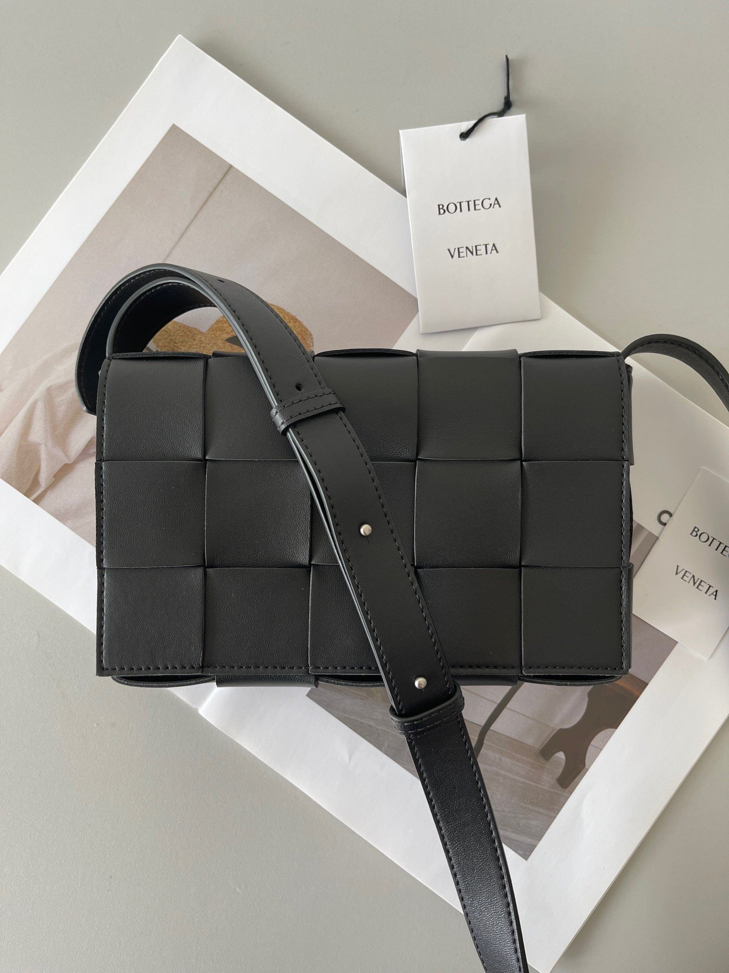 Bottega Veneta Cassette Bag In Black Intreccio Lambskin