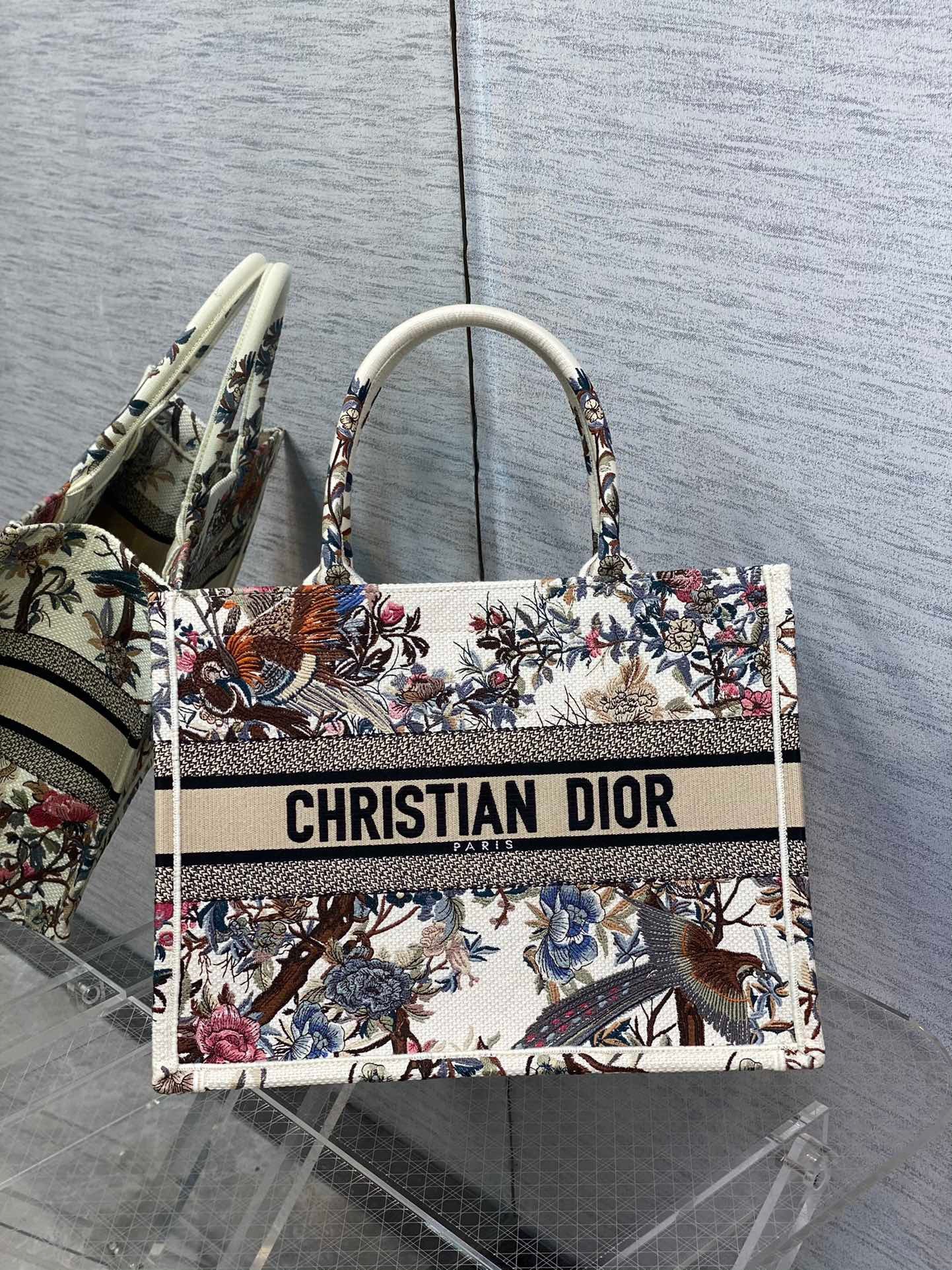 Dior Medium Book Tote Bag In White Jardin d'Hiver Embroidery