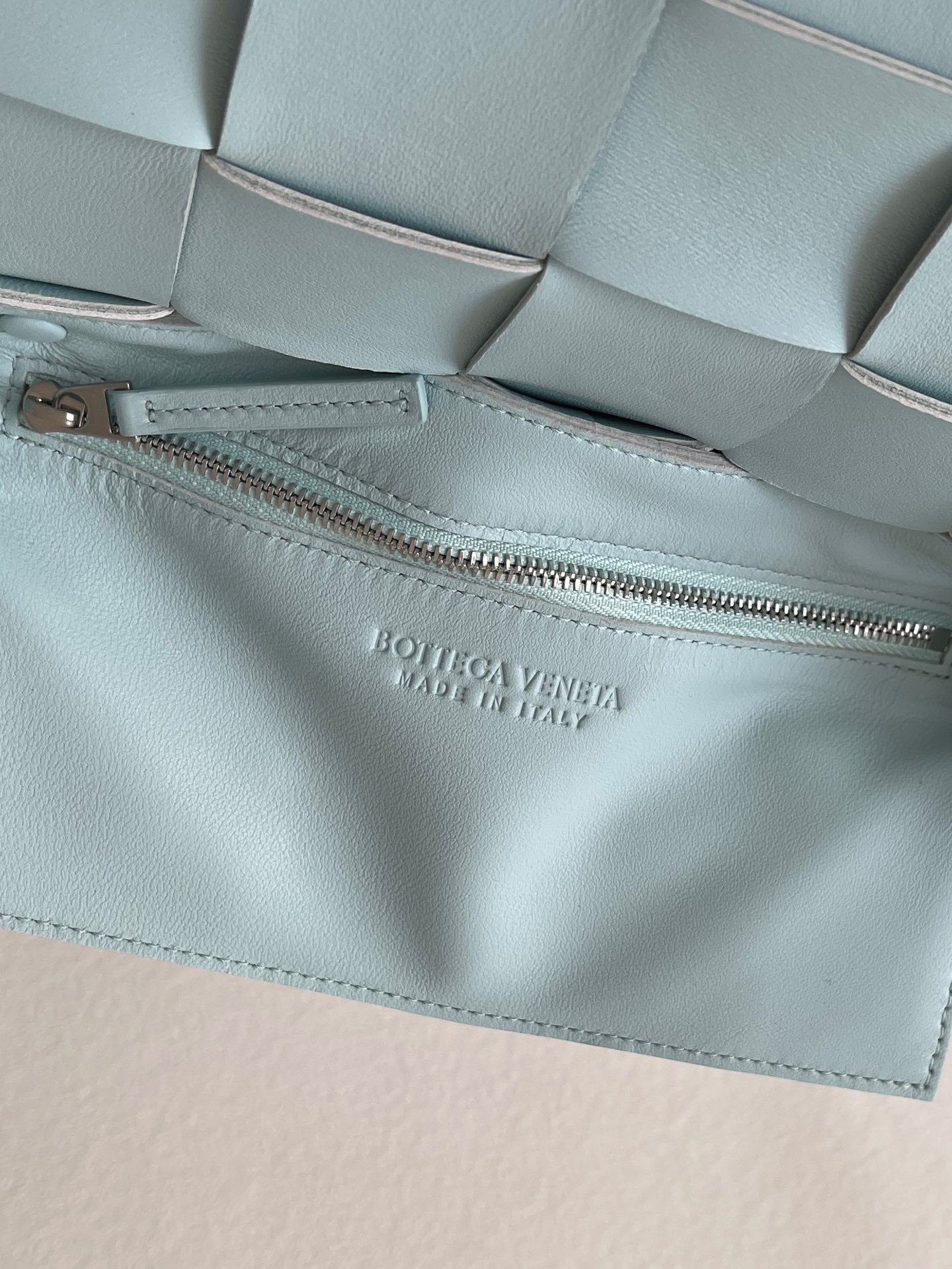 Bottega Veneta Cassett Bag In Teal Washed Intreccio Lambskin