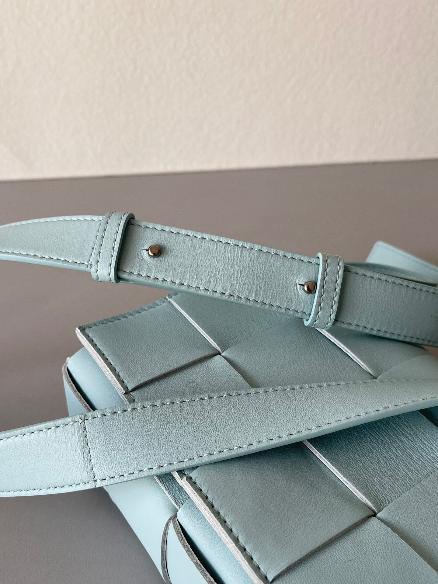 Bottega Veneta Cassett Bag In Teal Washed Intreccio Lambskin