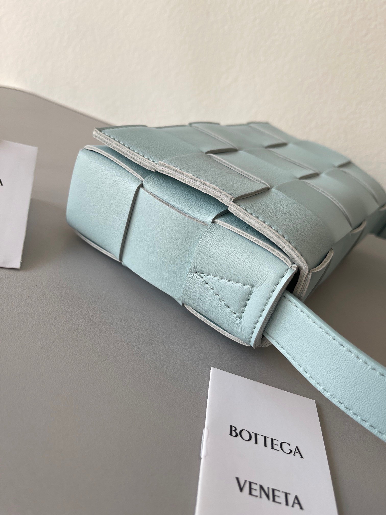 Bottega Veneta Cassett Bag In Teal Washed Intreccio Lambskin