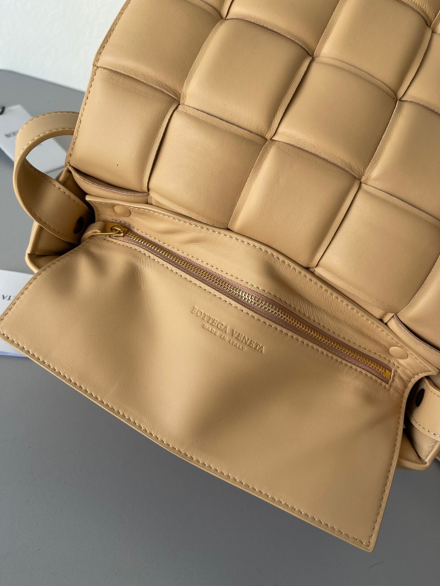 Bottega Veneta Padded Cassette Bag In Almond Intrecciato Lambskin