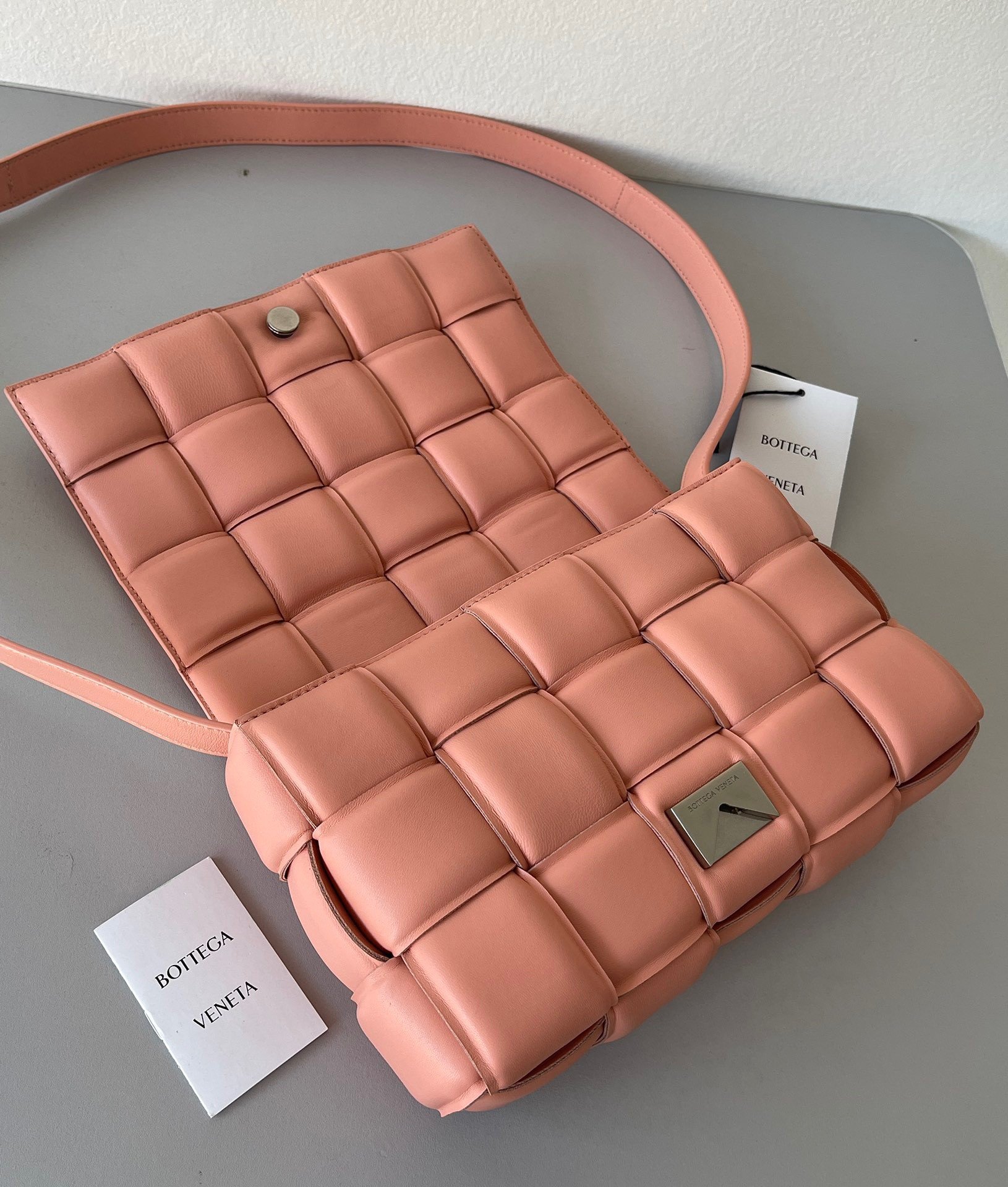 Bottega Veneta Padded Cassette Bag In Peachy Intrecciato Lambskin