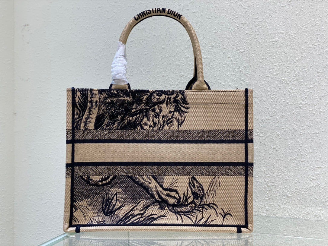 Dior Medium Book Tote Bag In Macro Toile de Jouy Tiger Embroidery