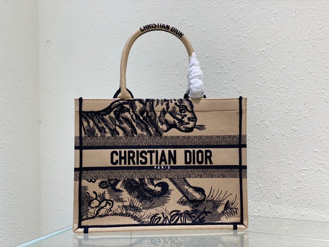 Dior Medium Book Tote Bag In Macro Toile de Jouy Tiger Embroidery