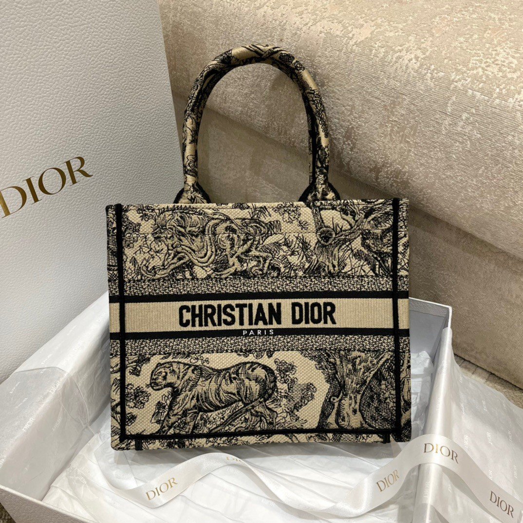 Dior Small Book Tote Bag In Brown Toile de Jouy Embroidery