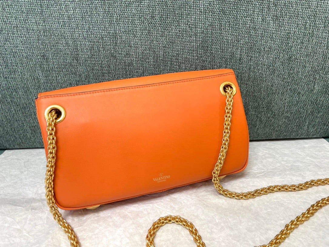 Valentino Stud Sign Shoulder Bag In Orange Nappa Leather