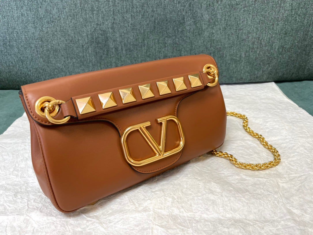 Valentino Stud Sign Shoulder Bag In Brown Nappa Leather