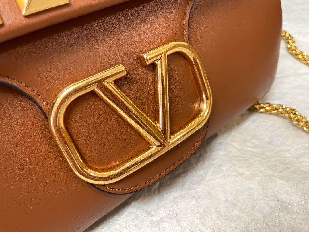 Valentino Stud Sign Shoulder Bag In Brown Nappa Leather