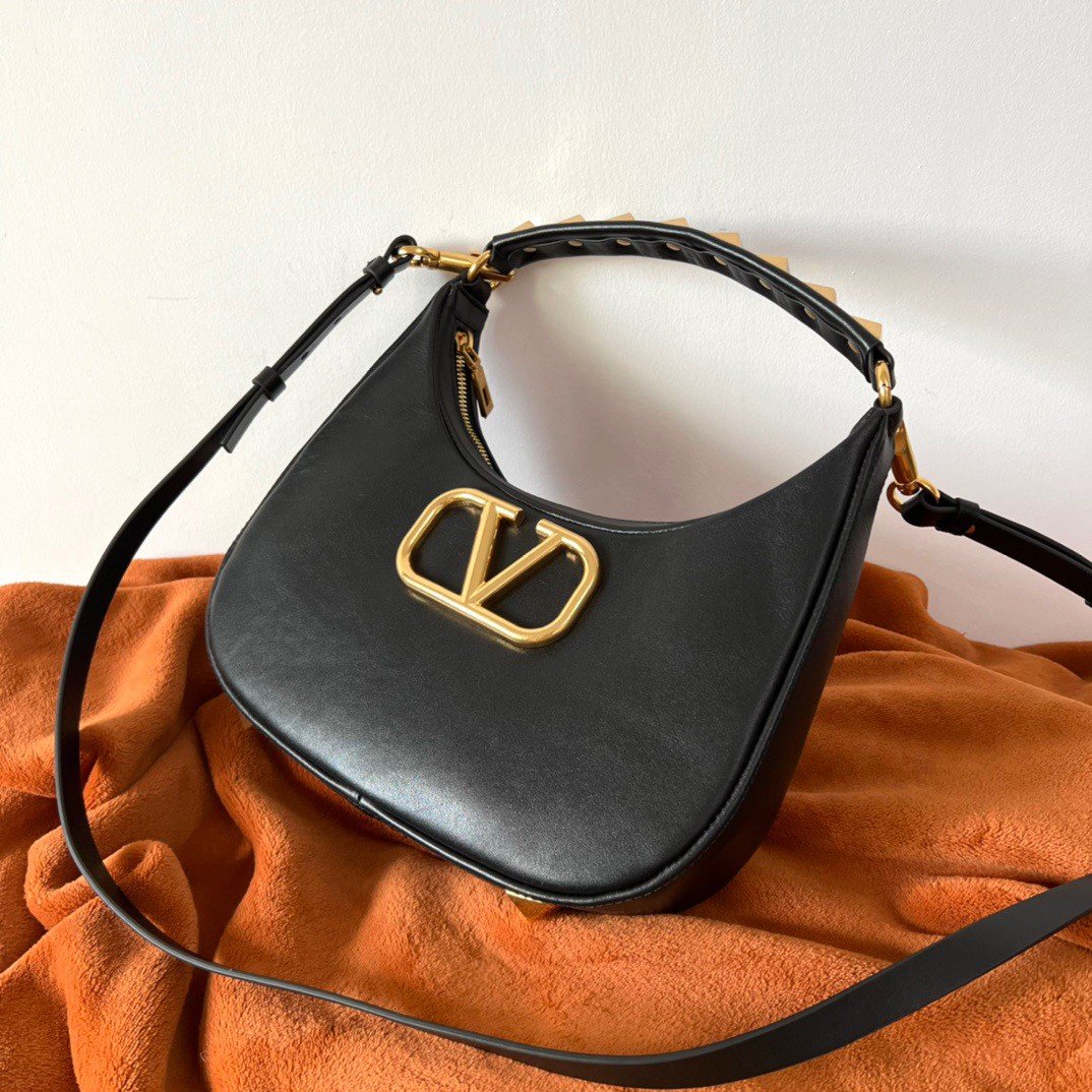 Valentino Stud Sign Hobo Bag In Black Calfskin