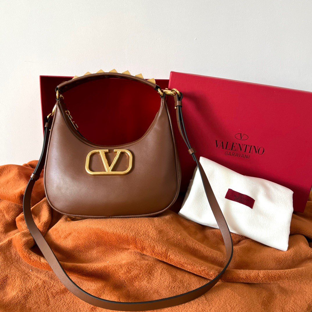 Valentino Stud Sign Hobo Bag In Dark Brown Calfskin