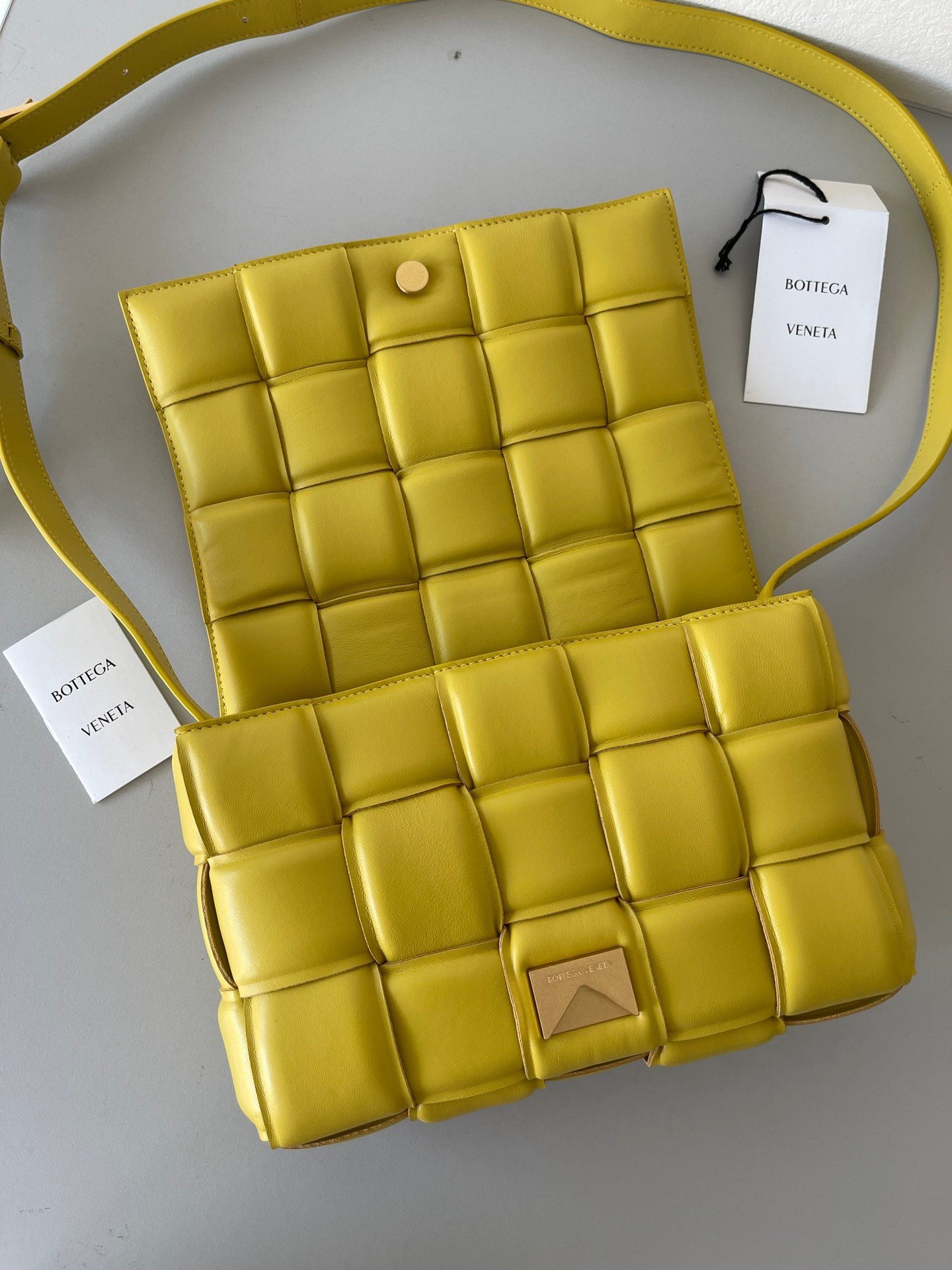 Bottega Veneta Padded Cassette Bag In Yellow Intrecciato Lambskin