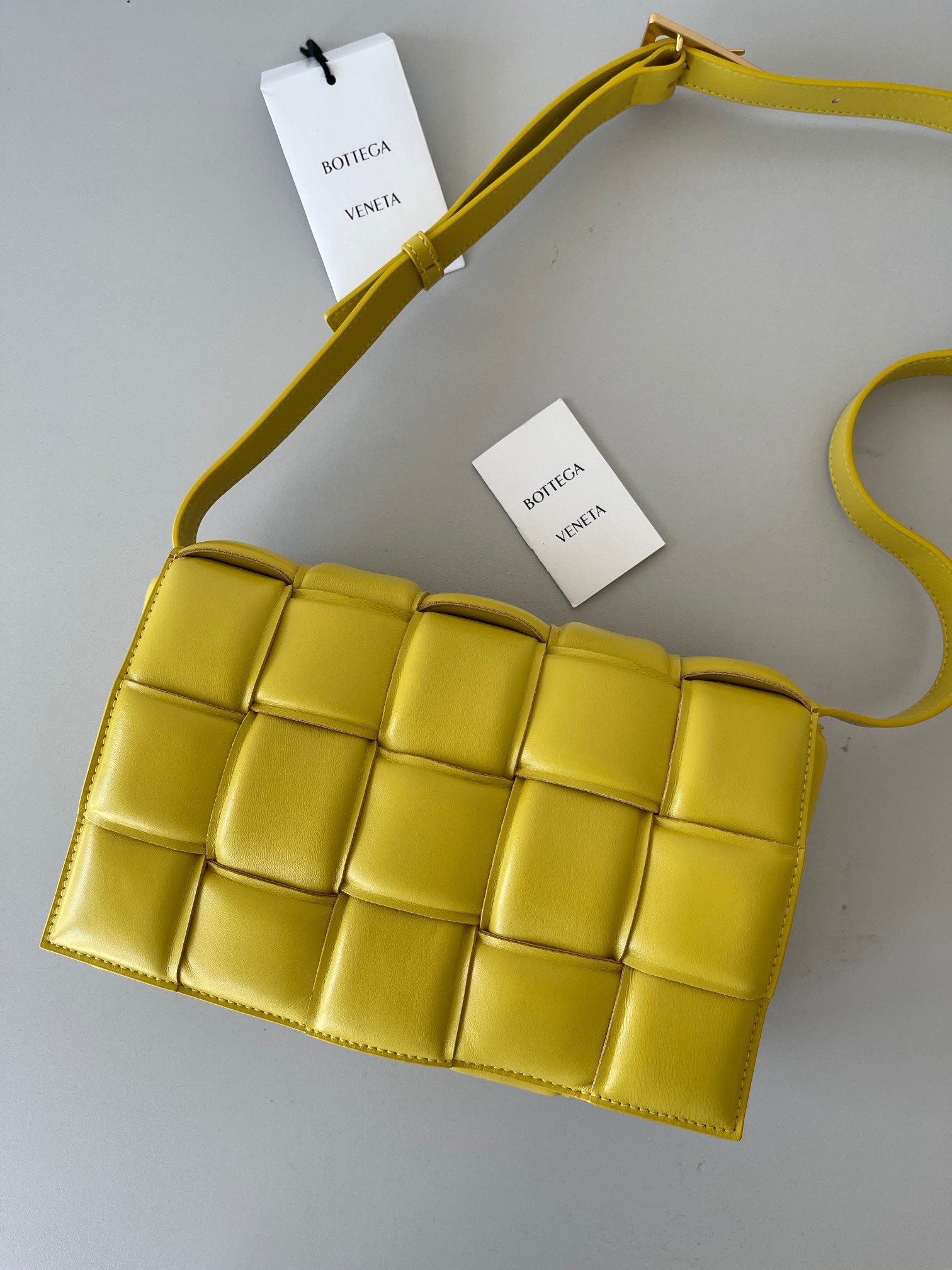 Bottega Veneta Padded Cassette Bag In Yellow Intrecciato Lambskin