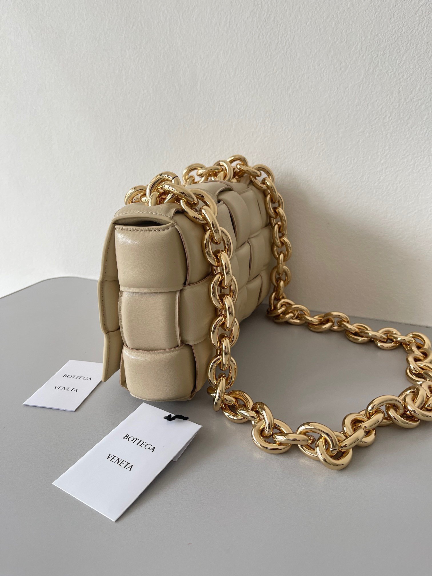 Bottega Veneta Chain Cassette Bag In Porridge Intrecciato Lambskin