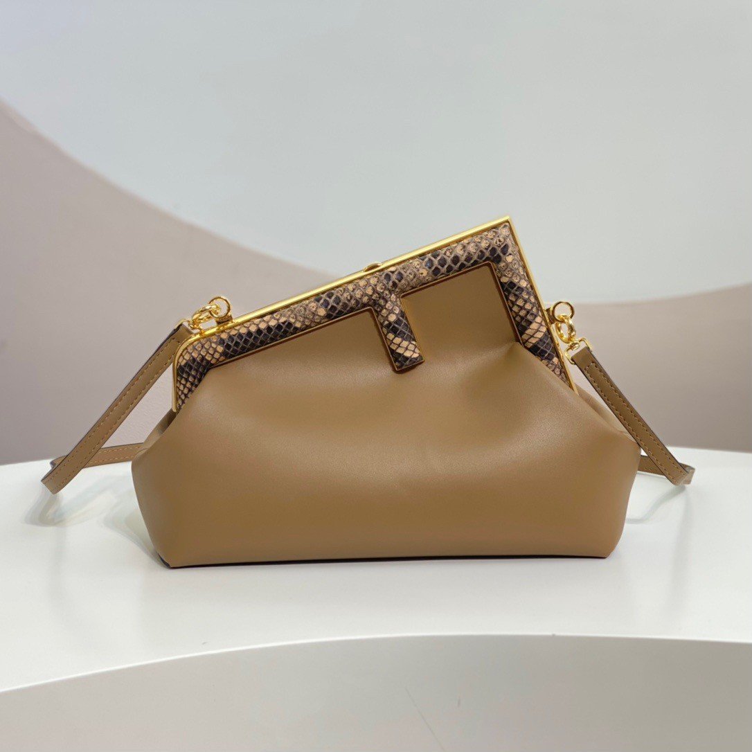 Fendi First Small Bag In Light Brown Leather with Python F