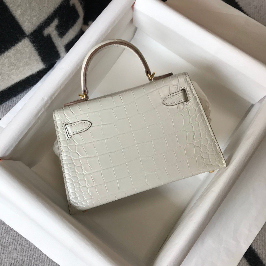 Hermes Kelly Mini II Sellier Bag In Beton Crocodile Embossed Leather