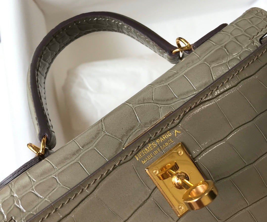 Hermes Kelly Mini II Sellier Bag In Taupe Crocodile Embossed Leather