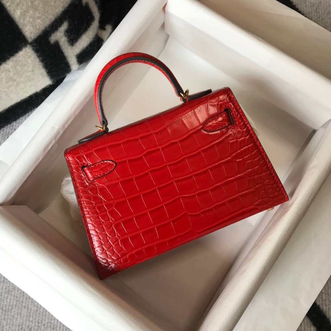 Hermes Kelly Mini II Sellier Bag In Red Crocodile Embossed Leather