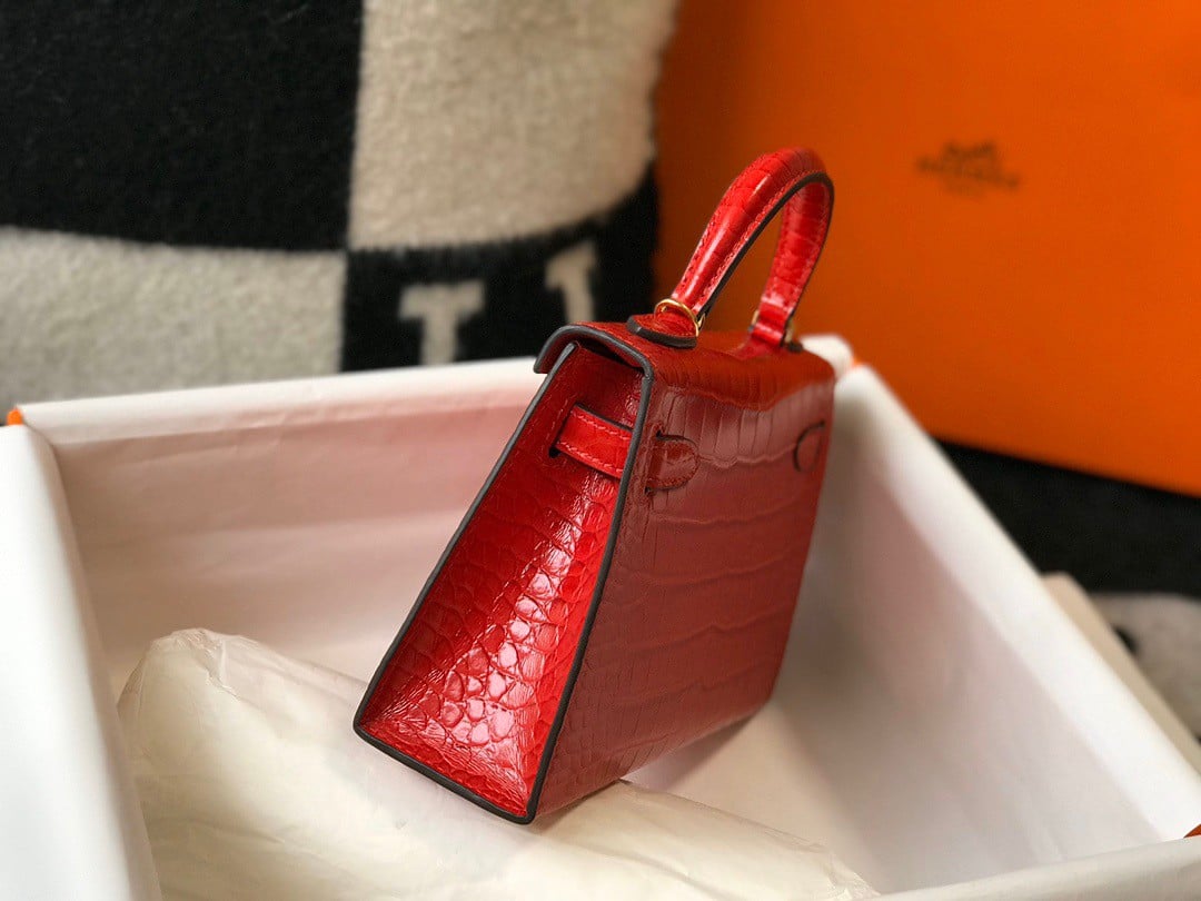 Hermes Kelly Mini II Sellier Bag In Red Crocodile Embossed Leather