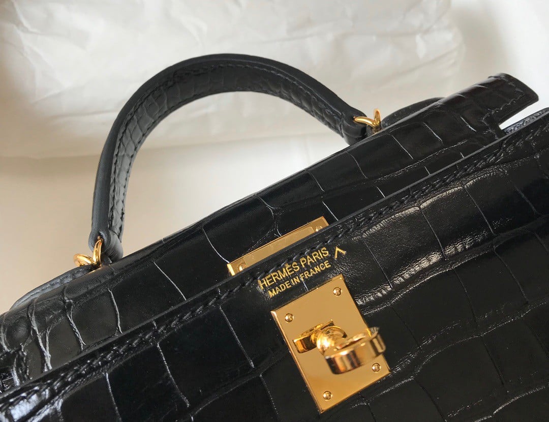 Hermes Kelly Mini II Sellier Bag In Black Crocodile Embossed Leather