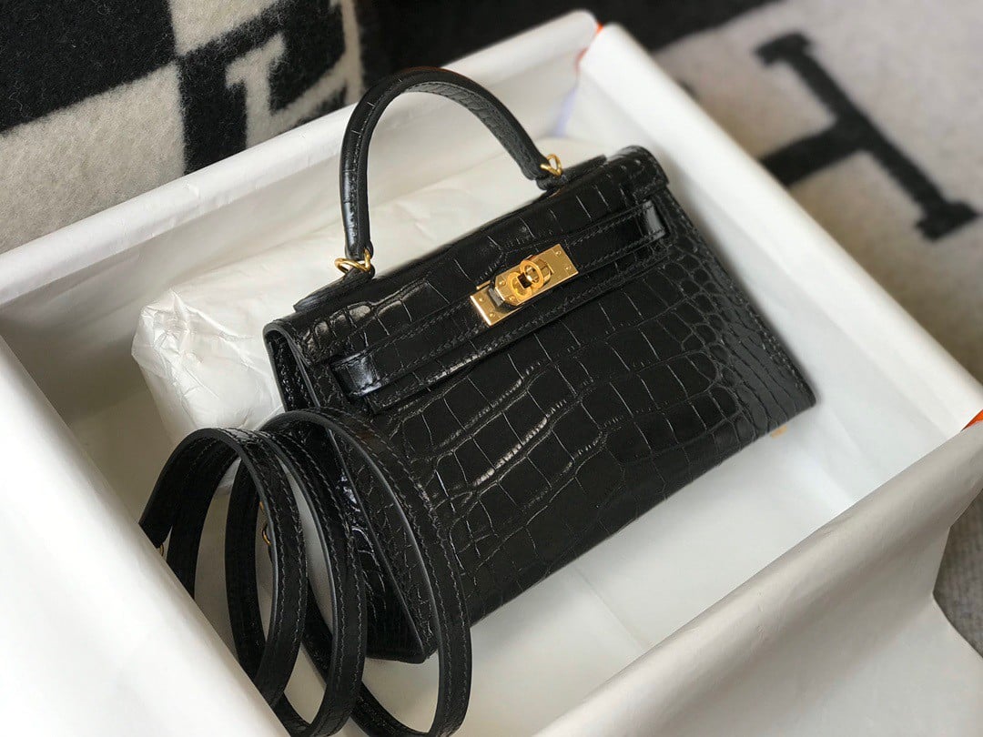 Hermes Kelly Mini II Sellier Bag In Black Crocodile Embossed Leather