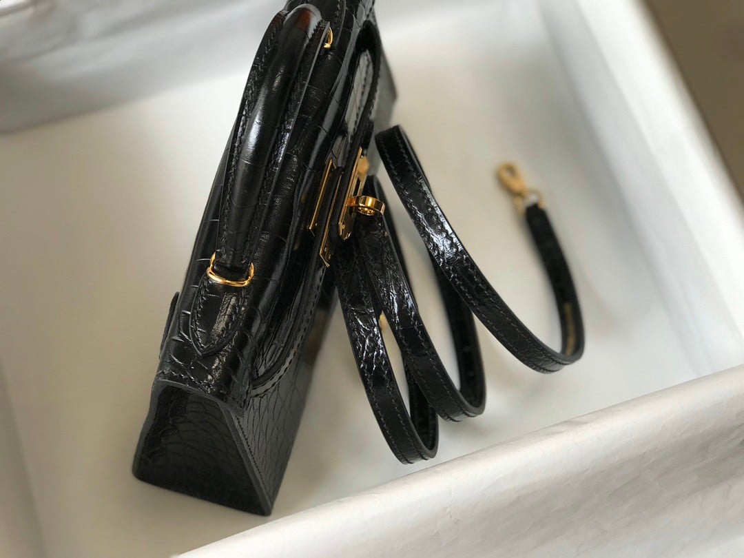 Hermes Kelly Mini II Sellier Bag In Black Crocodile Embossed Leather