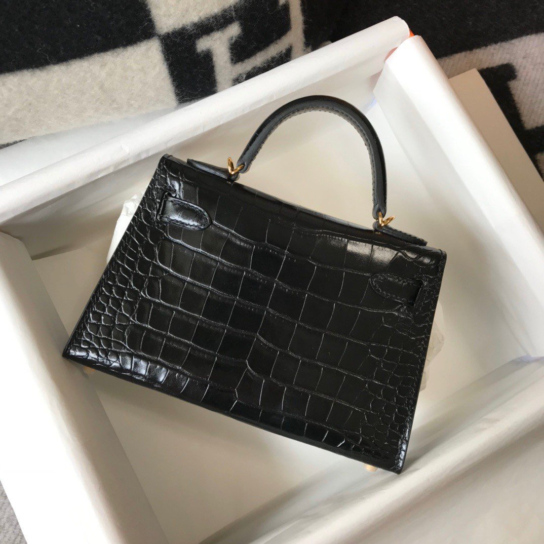 Hermes Kelly Mini II Sellier Bag In Black Crocodile Embossed Leather