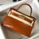 Hermes Kelly Mini II Sellier Bag In Gold Crocodile Embossed Leather