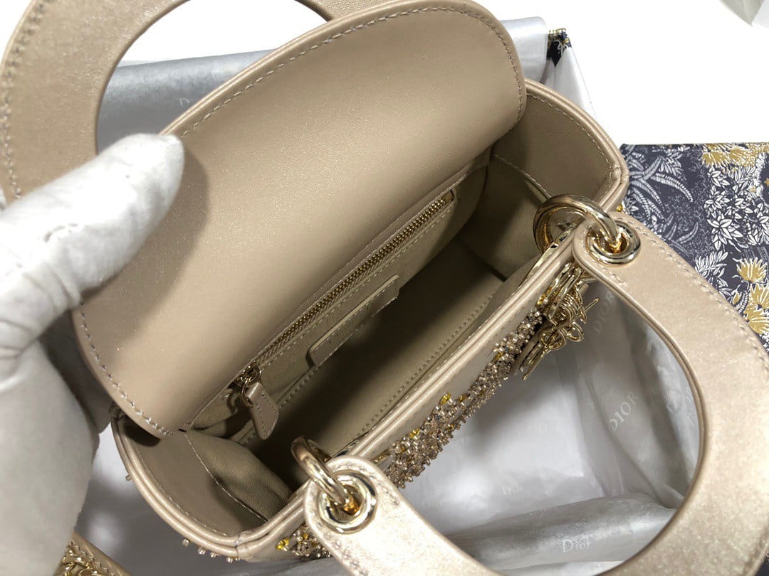 Dior Lady Dior Mini Bag In Metallic Lambskin with Beaded Embroidery