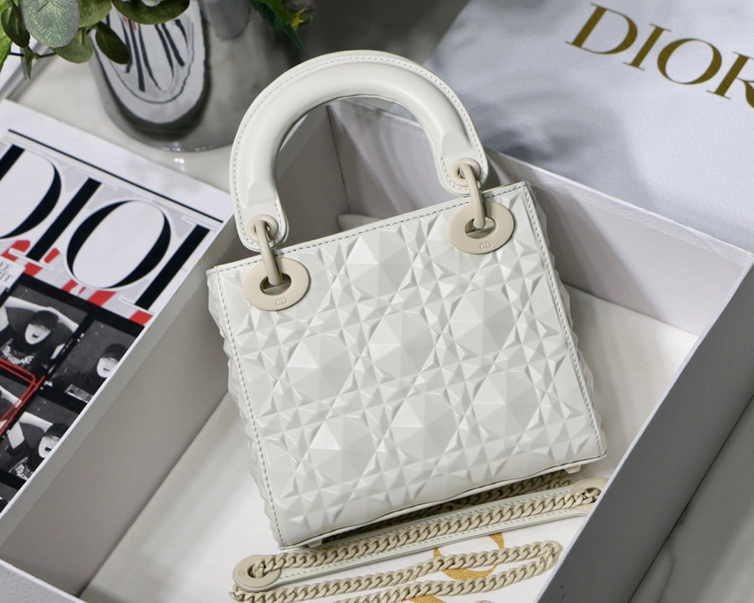 Dior Lady Dior Mini Bag In White Calfskin with Diamond Motif