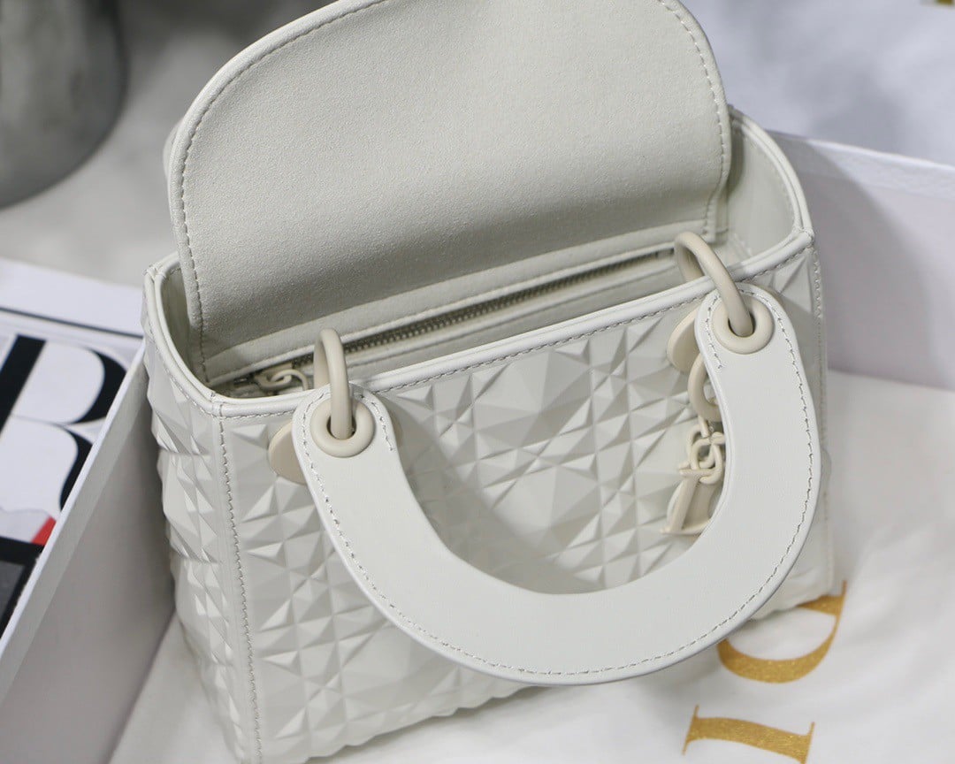 Dior Lady Dior Mini Bag In White Calfskin with Diamond Motif