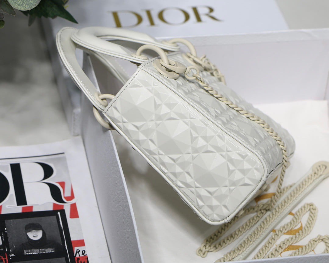 Dior Lady Dior Mini Bag In White Calfskin with Diamond Motif