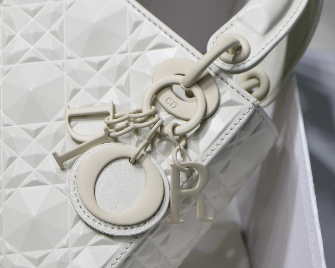 Dior Lady Dior Mini Bag In White Calfskin with Diamond Motif