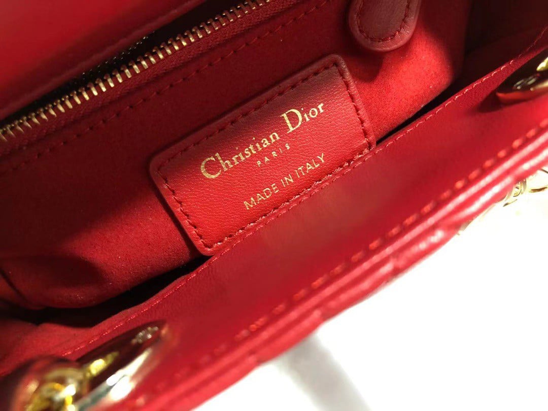 Dior Lady Dior Mini Bag with Chain in Red Cannage Lambskin