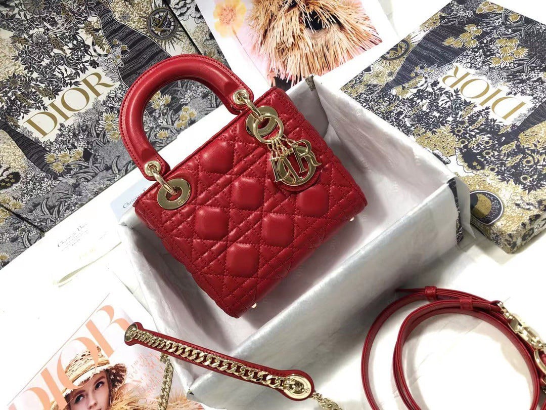 Dior Lady Dior Mini Bag with Chain in Red Cannage Lambskin