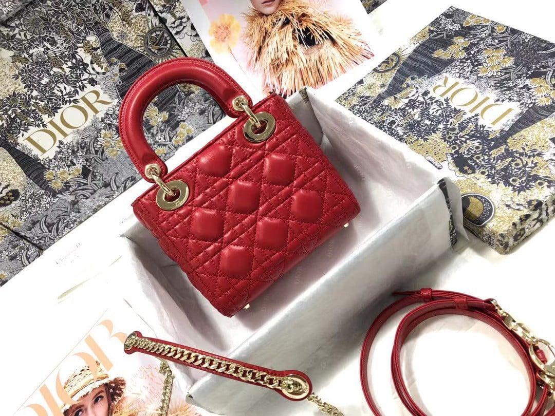 Dior Lady Dior Mini Bag with Chain in Red Cannage Lambskin