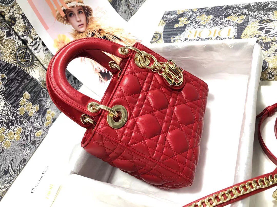 Dior Lady Dior Mini Bag with Chain in Red Cannage Lambskin