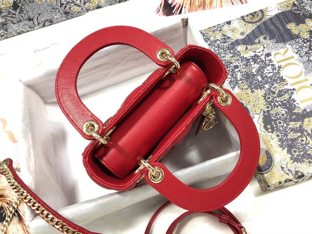 Dior Lady Dior Mini Bag with Chain in Red Cannage Lambskin