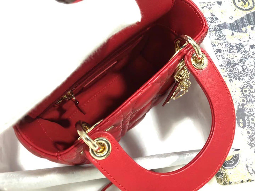 Dior Lady Dior Mini Bag with Chain in Red Cannage Lambskin