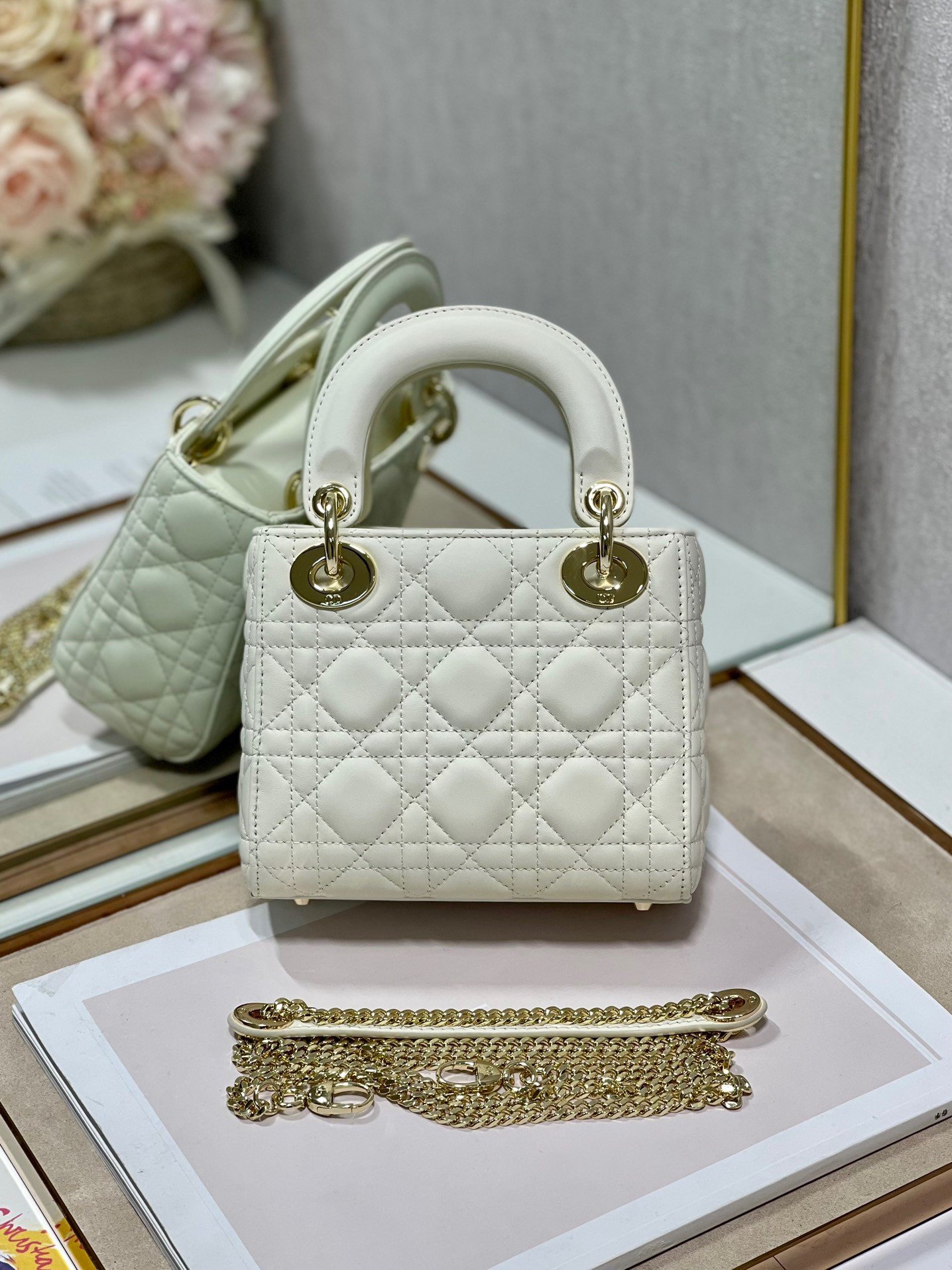 Dior Lady Dior Mini Bag with Chain in White Cannage Lambskin