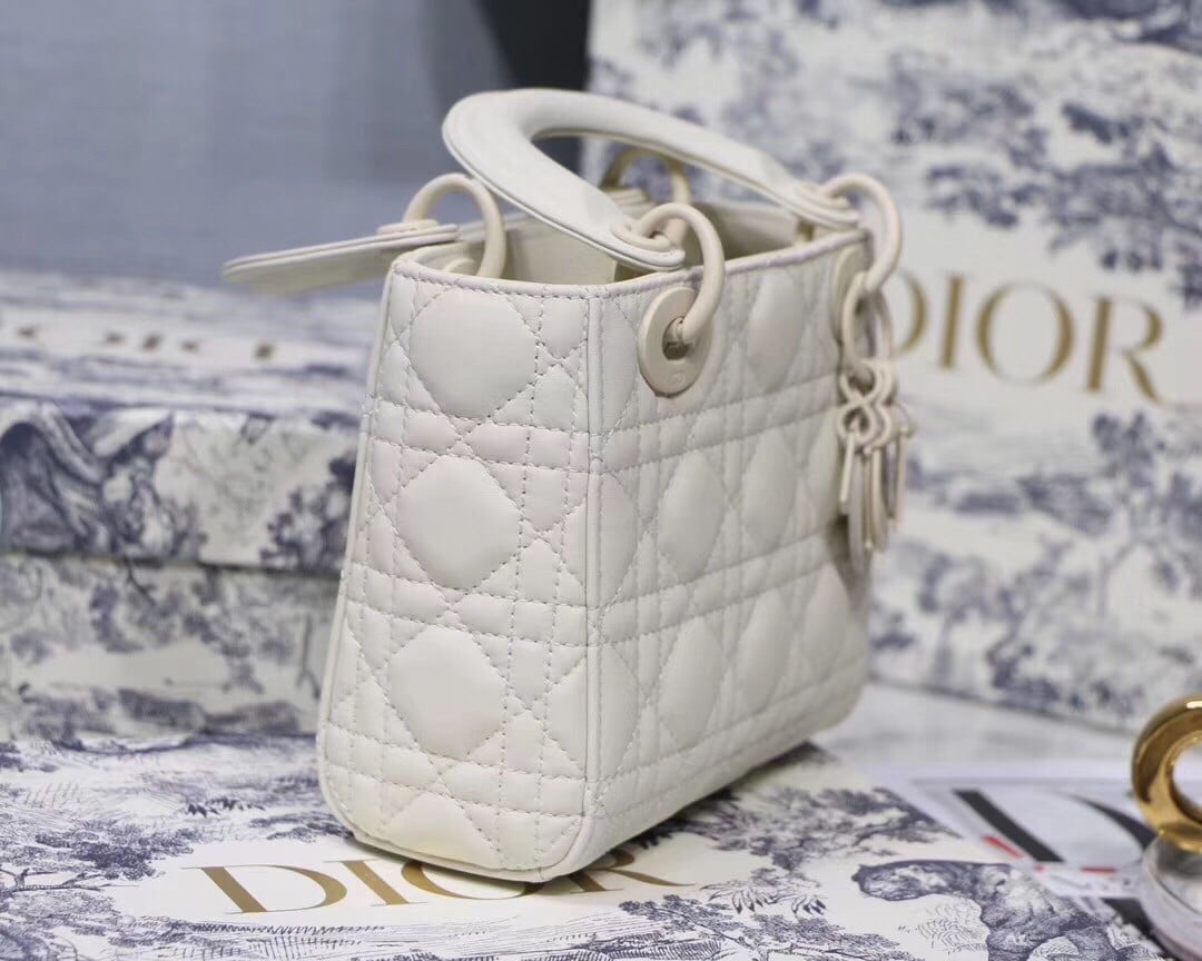 Dior Lady Dior Mini Chain Bag In White Ultramatte Calfskin