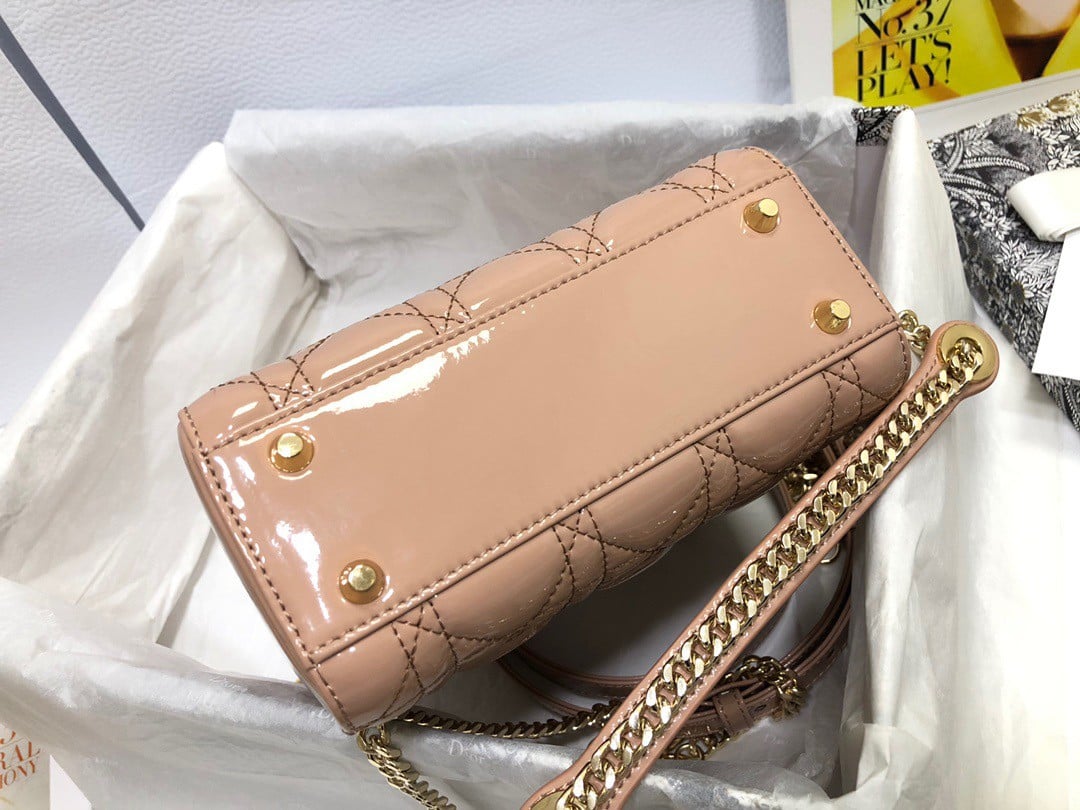 Dior Lady Dior Mini Chain Bag with Chain in Nude Patent Calfskin